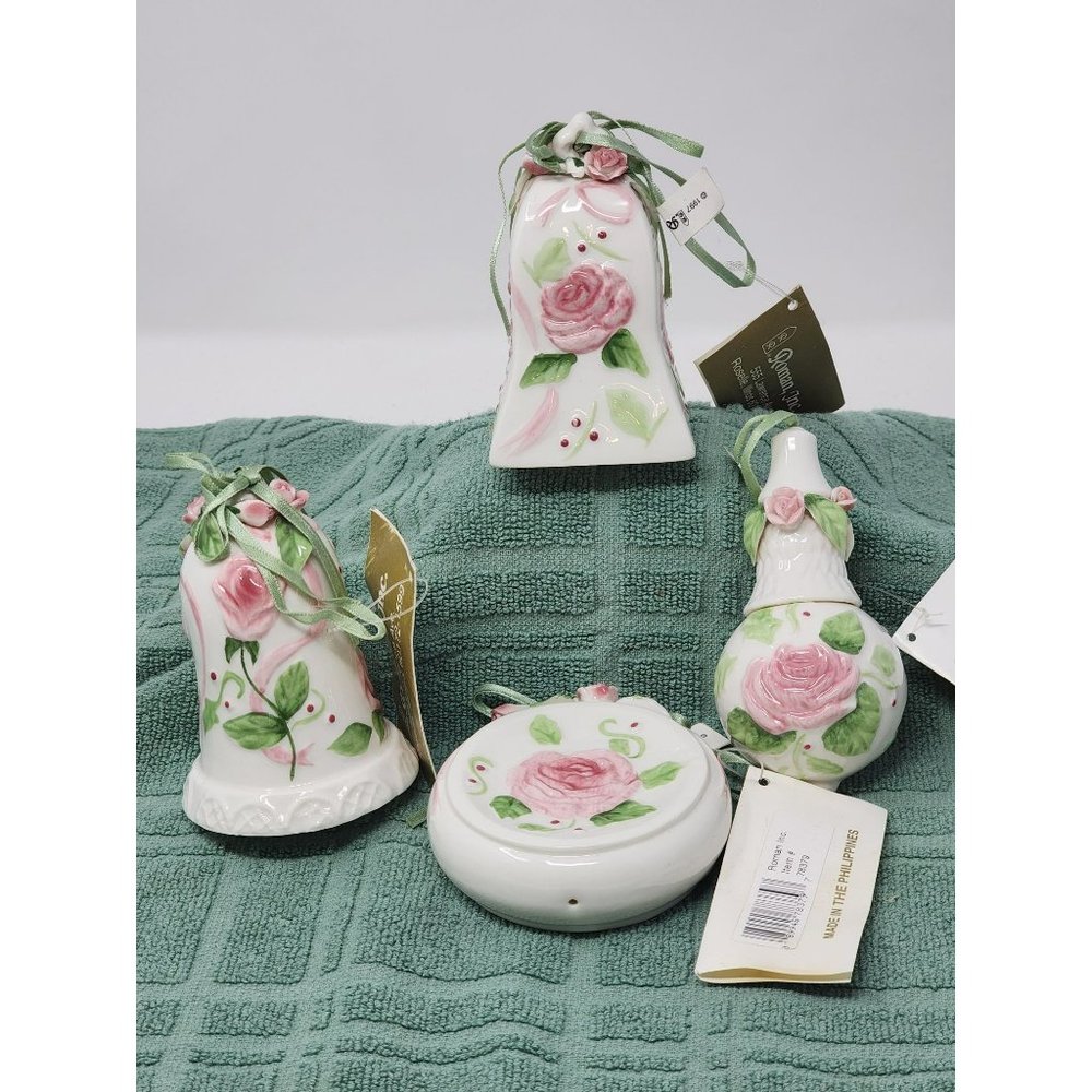 Set Of 4 Vintage‎ Roman, Inc Ornaments Summer Blooms Pink Rose With Tags